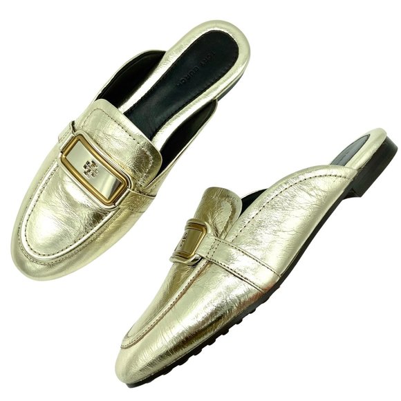 Tory Burch Shoes - Tory Burch Georgia Backless Slip On Loafer Mules Metallic Spark Gold Logo, Sz 7
